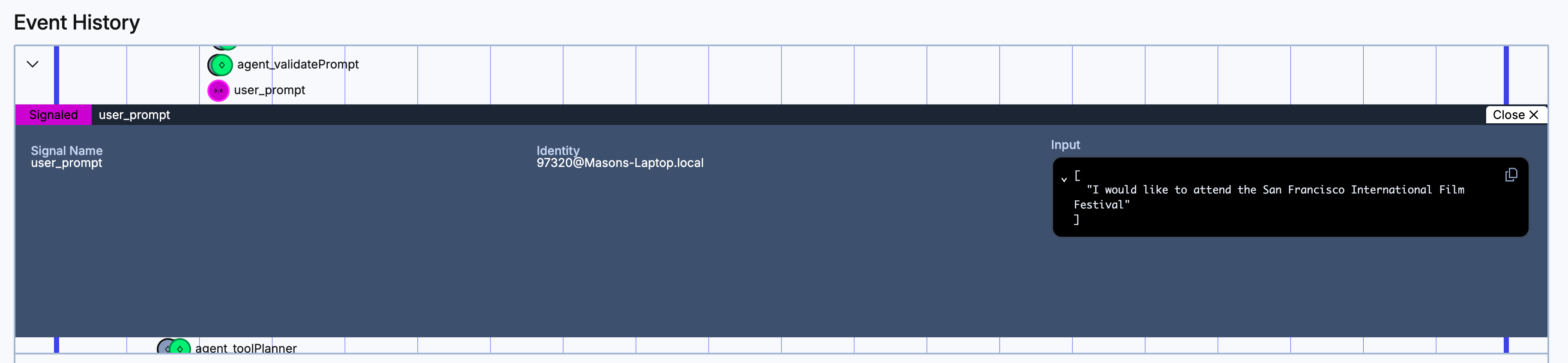 Screenshot of the timeline section of the Temporal Web UI, with a signal portion expanded so the data can be viewed